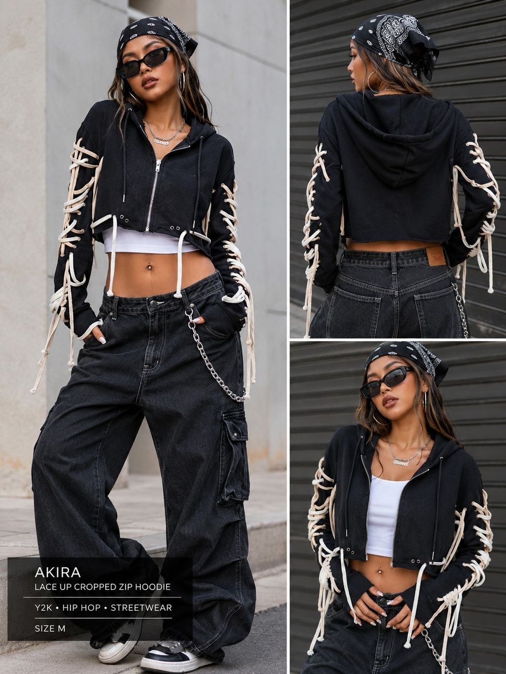 Akira Black Lace-Up Cropped Zip Hoodie